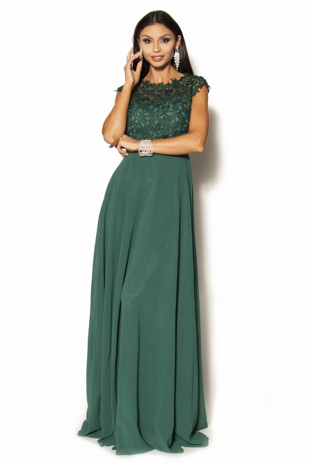 Gipiurowa zwiewna sukienka w kolorze butelkowej zieleni Model:IP-3409