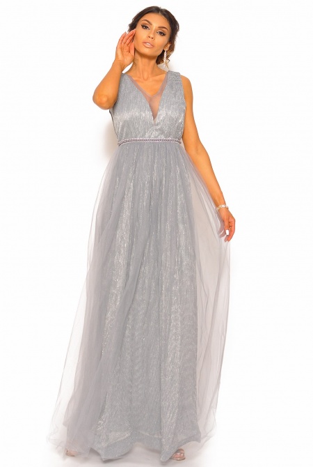 Efektowna sukienka maxi w kolorze szarym ze srebrną nitką Model: IP-4792