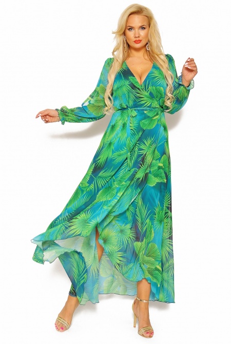 Zwiewna zielona sukienka maxi z rękawkiem Model: LO-4952