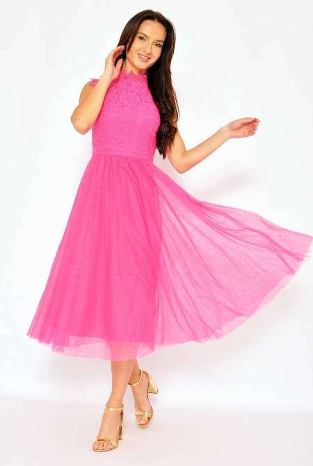 Sukienka midi z zabudowaną góra z koronki w kolorze różowym. Model IP-7488
