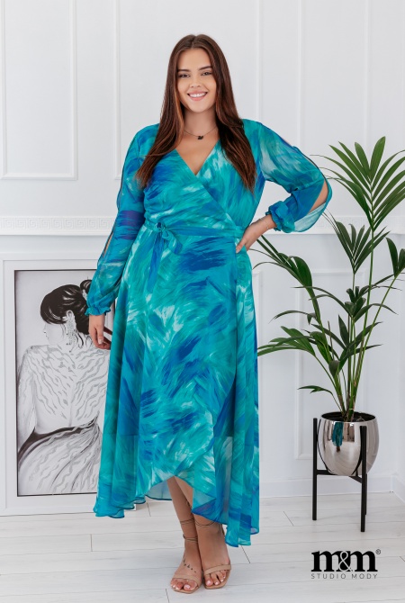 Sukienka maxi wiązana w kolorze zielono-niebieskim. MODEL: KM-7495