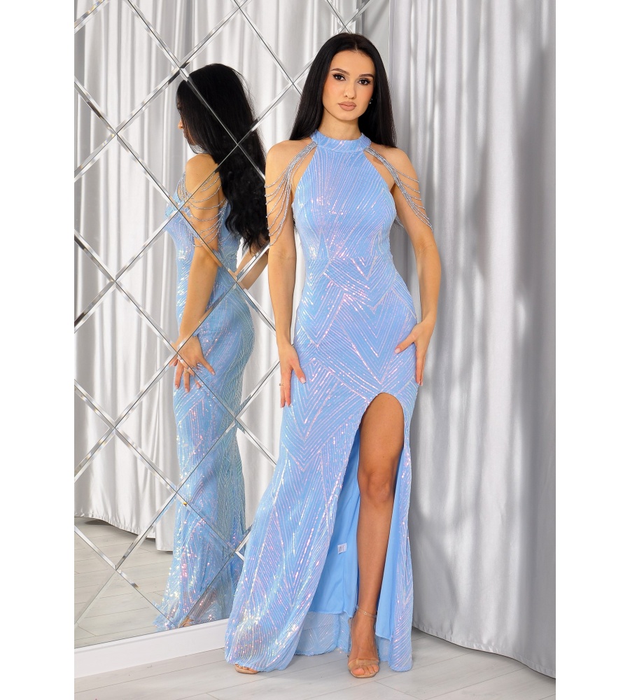 Sukienka maxi z wielokolorowymi cekinami koralikami na ramionach w kolorze błękitnym.MODEL:PW-7540