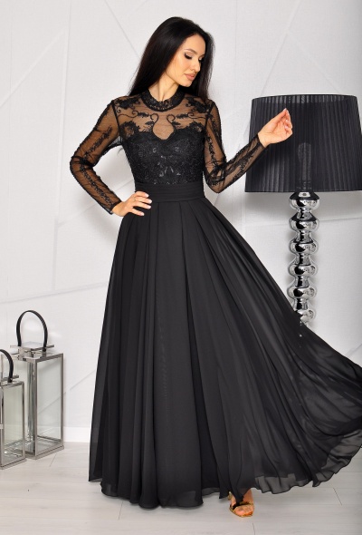 Sukienka maxi z bogato zdobioną górą w kolorze czarnym. MODEL: PW-7735
