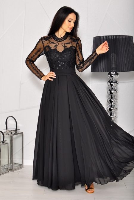 Sukienka maxi z bogato zdobioną górą w kolorze czarnym. MODEL: PW-7735