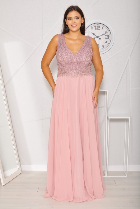 Sukienka maxi z bogato zdobioną diamentową górą w kolorze bladego różu. MODEL: PW-8091