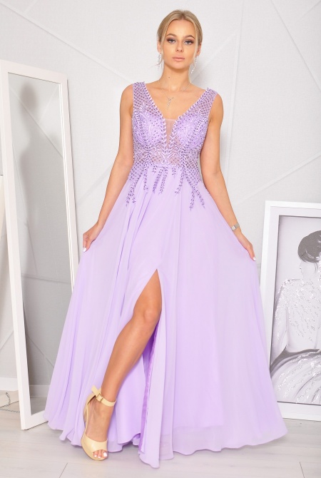 Sukienka maxi z bogato zdobioną górą w kolorze LILA. Model: PW-8093