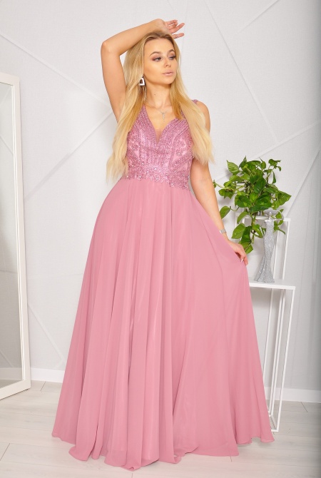 Sukienka maxi tiulowa z bogato zdobioną diamentową górą w kolorze brudnego różu. Model: PW-8198