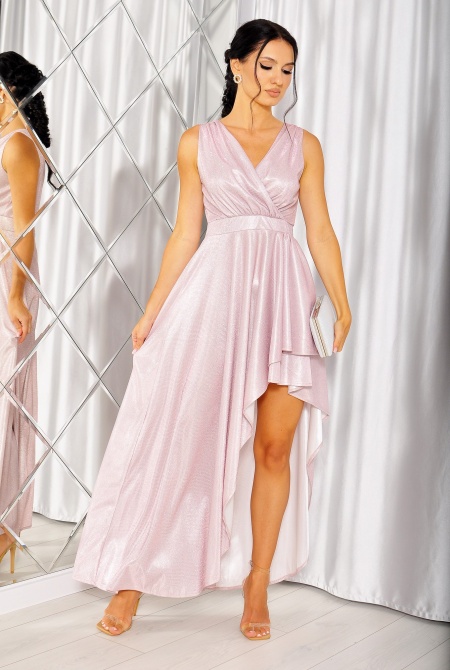 Sukienka maxi asymetryczna z brokatem w kolorze jasnego różu. MODEL: KM-8321