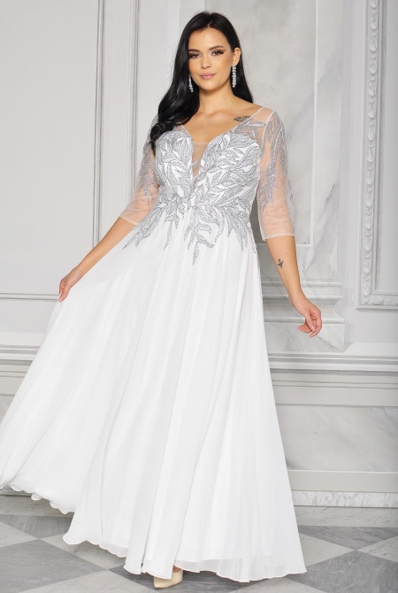 Sukienka ślubna z bogato zdobioną brokatową górą we wzór liści. Model: PW-8747