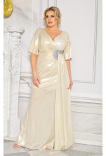 Wieczorowa połyskująca suknia w kolorze złoto-kremowym z ozdobą srebrną w talii. Model: CU-8836